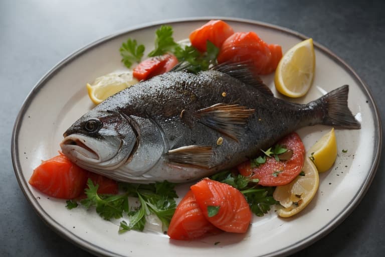 peixe assado inteiro num prato com limão e legumes
